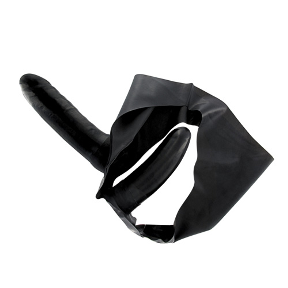 Чёрный латексный страпон с вагинальной пробкой STRAP ON WITH DOUBLE DILDO TWO TIMES LATEX - 16 см. (Цвет: черный)