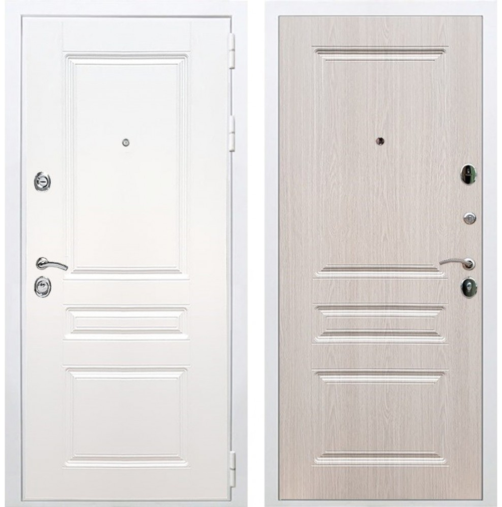Входная металлическая белая дверь RеX (РЕКС) Премиум H белая ФЛ-243 силк сноу / ФЛ-243 беленый дуб