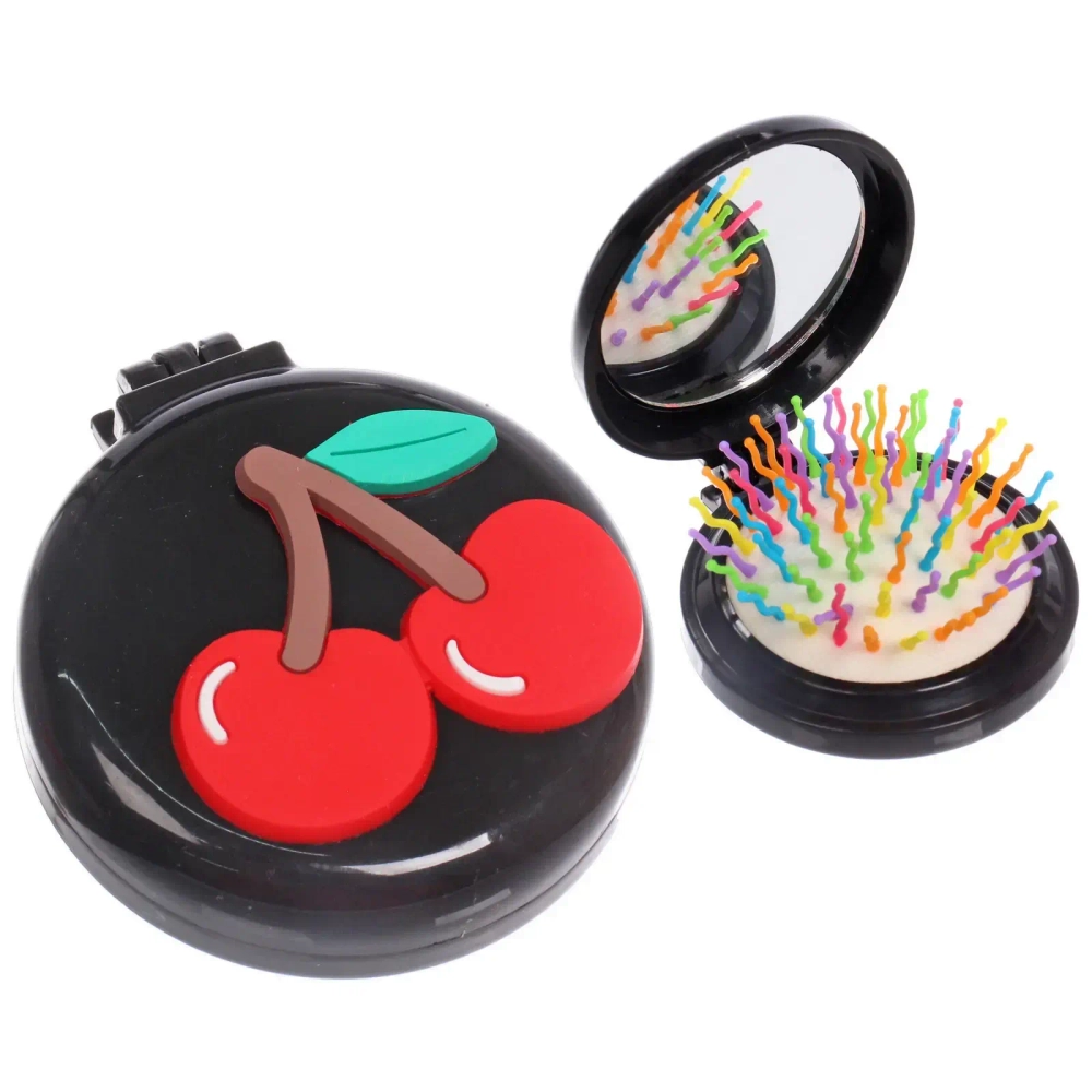 Расческа массажная детская складная «КАРАМЕЛЬ», вишенки, цвет черный, d-6см (пакет с подвесом)