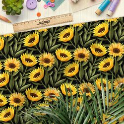 Ткань габардин яркие подсолнухи на чёрном фоне