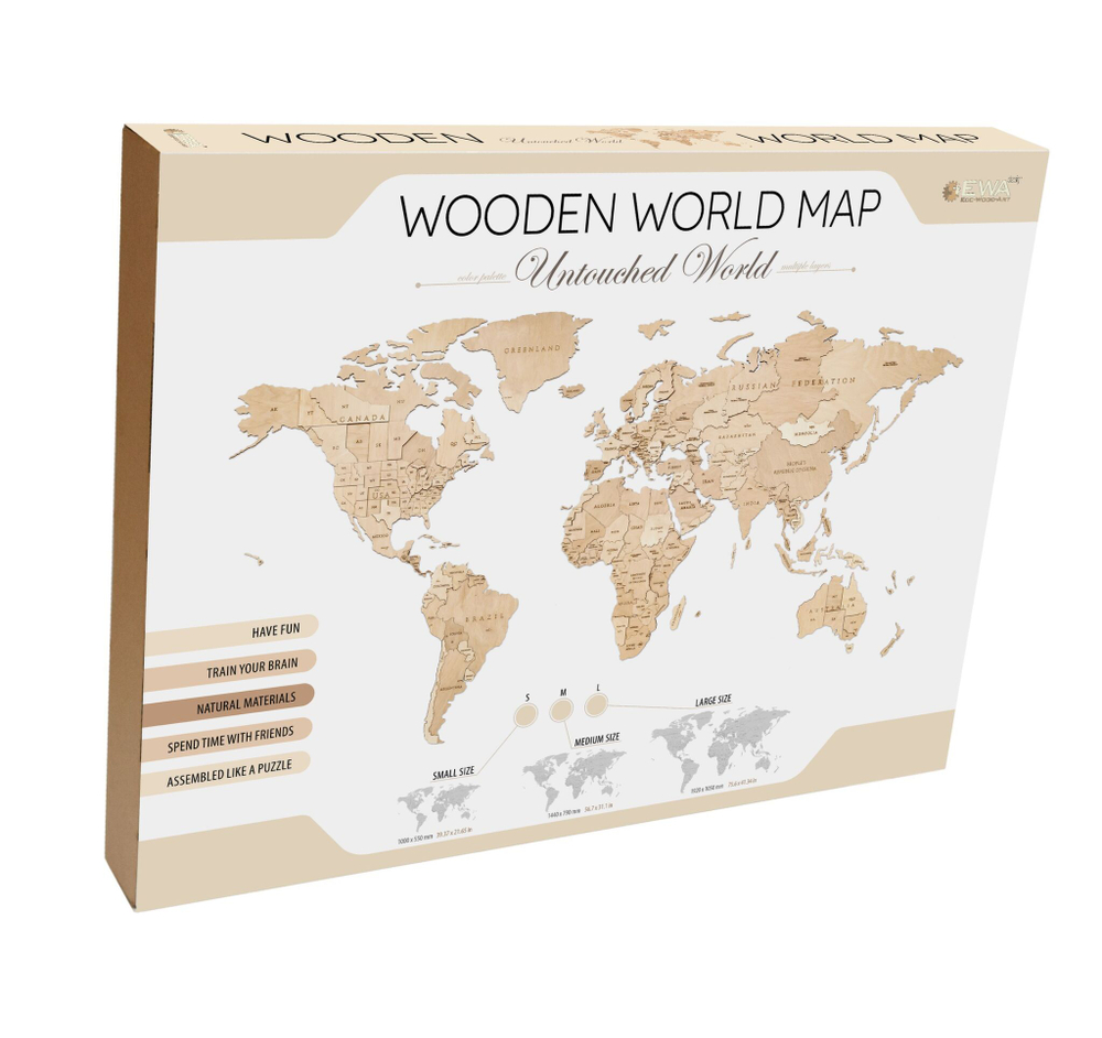 EWA Деревянная Карта Мира настенная, объемная 3 уровня, размер L (192x105 см), цвет натуральный