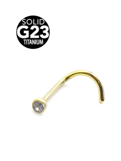 Нострила изогнутая 0,8x6x2 мм с прозрачным кристаллом для пирсинга носа. Титан G23. золотистая