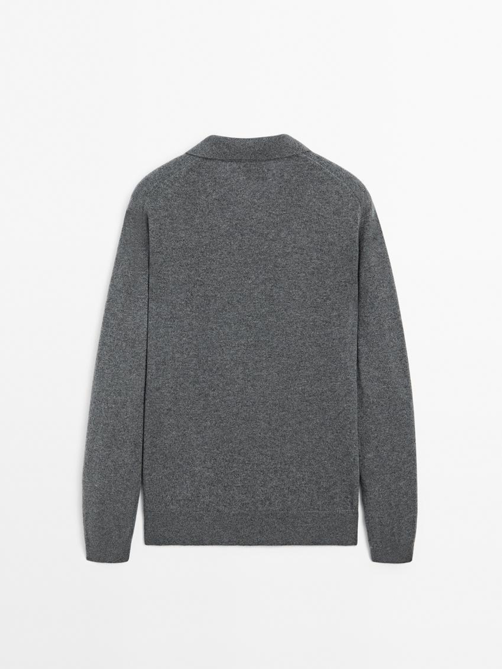 Massimo Dutti Свитер из 100% кашемира с воротником-поло, серый меланж