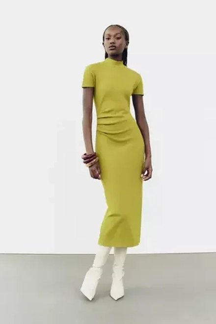 ZARA ПЛАТЬЕ МИДИ ИЗ ЭЛАСТИЧНОГО ТРИКОТАЖА, ЛАЙМОВЫЙ