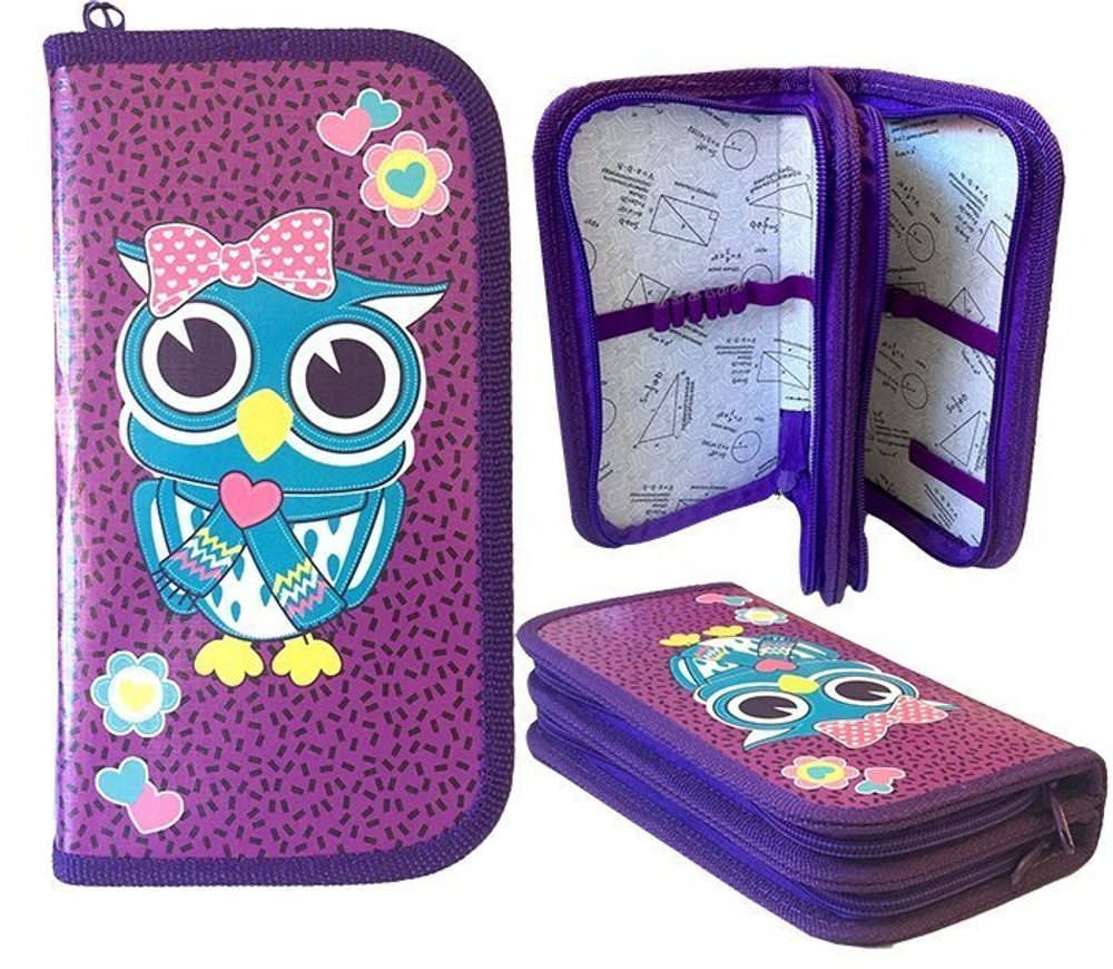Пенал 2 отделения ПЧЕЛКА, лам. картон, молния, 190 х 105 мм, "Милый совенок", фиолетовый