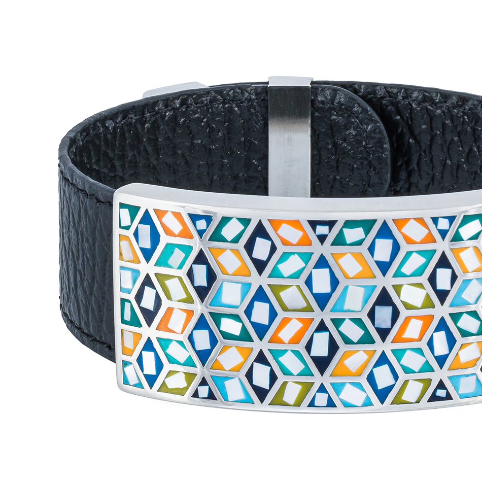 Браслет Fiore Luna на черном кожаном ремешке CB13209-5