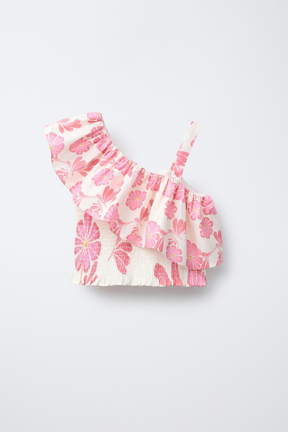ZARA ТОП АСИММЕТРИЧНОГО КРОЯ С ЦВЕТОЧНЫМ ПРИНТОМ И ВОЛАНОМ, РОЗОВЫЙ