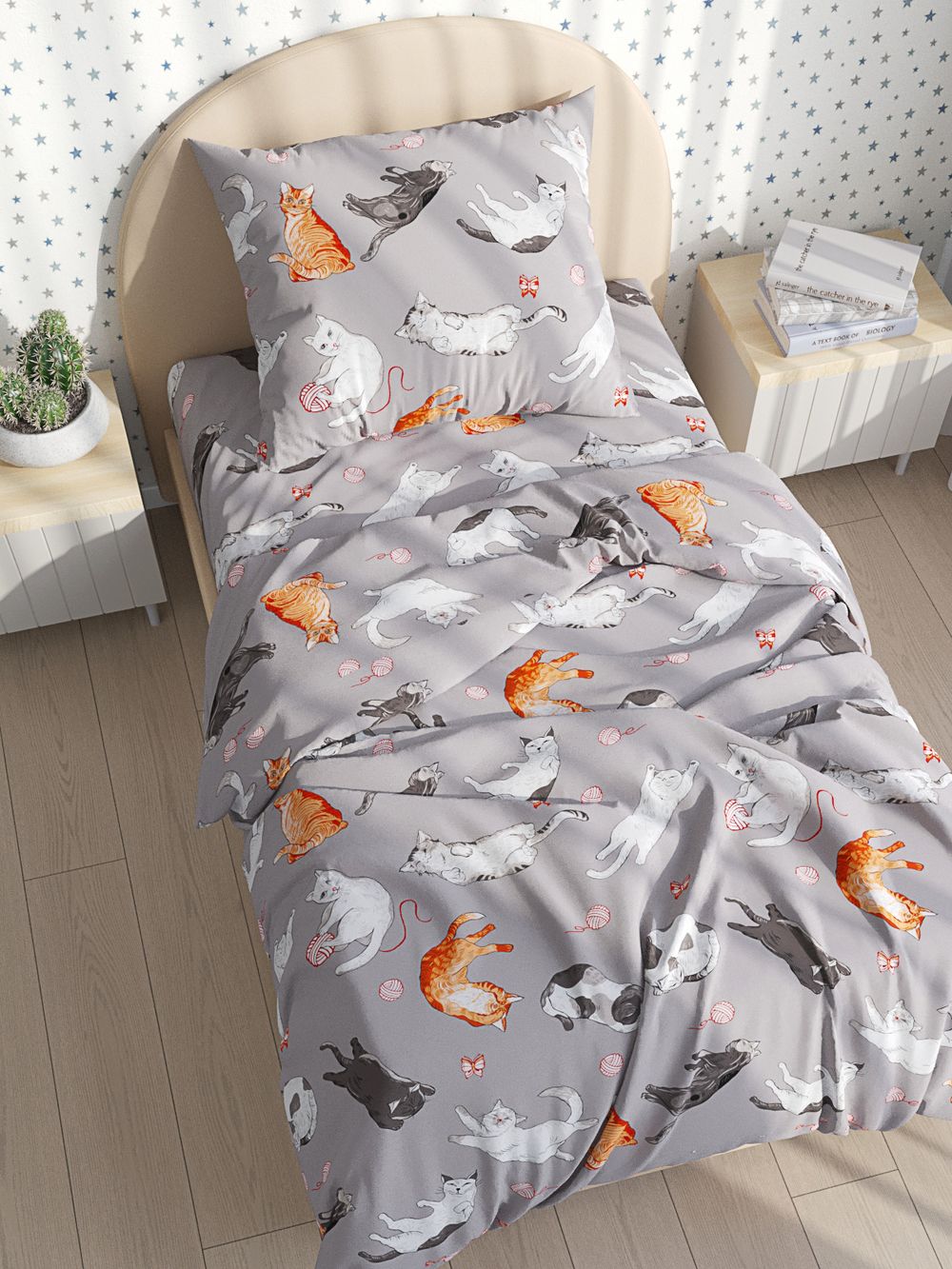 Постельное белье Сказка "Kitties" 1,5-сп Наволочка 50х70 см 1 шт Простынь 150х215 см Пододеяльник 145х215 см, перкаль