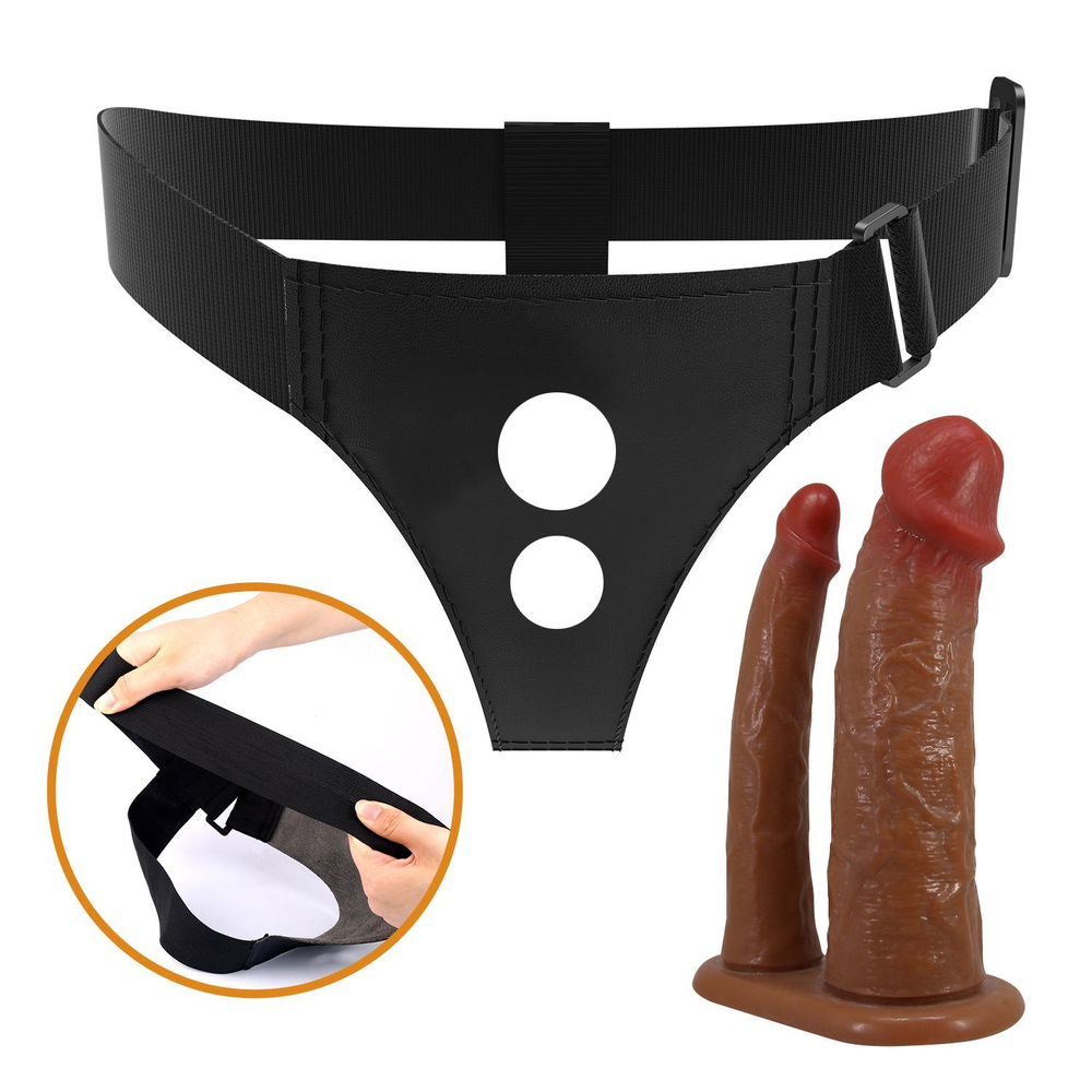 Темно-бежевый фаллопротез для двойного проникновения - 17,5 см. (Цвет: телесный с черным)