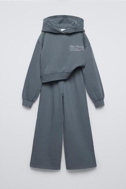 ZARA КОМПЛЕКТ ИЗ ХУДИ И БРЮК WIDE LEG ИЗ МЯГКОЙ ТКАНИ, СЕРО-СИНИЙ