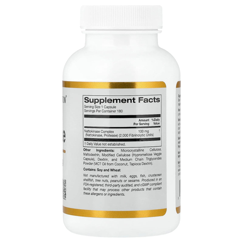 California Gold Nutrition, наттокиназа, протеолитический фермент, 2000 FU, 180 растительных капсул