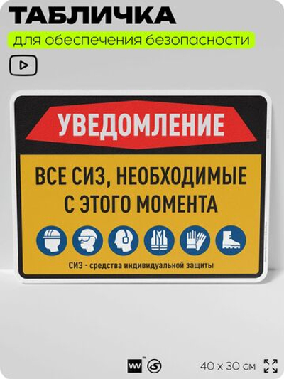 Табличка для обеспечения безопасности "Все СИЗ необходимые с этого момента", для производства, предприятия, организаций, 40х30 см, Silver Plane x Айдентика Технолоджи