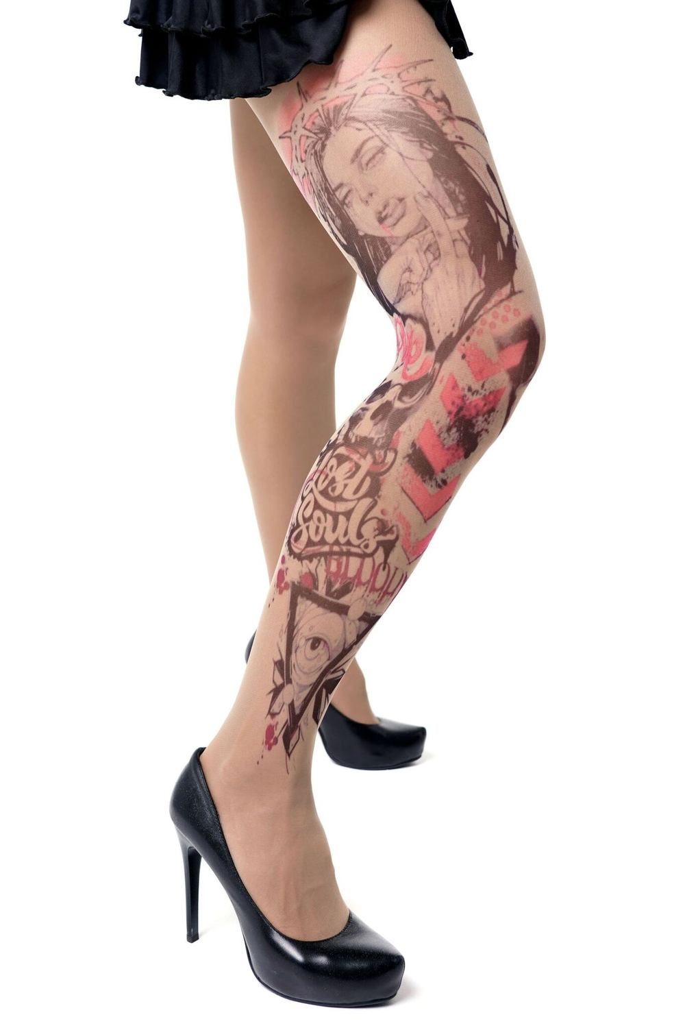 Колготки +size с рисунком-тату на правой ножке (Размер: XL-XXL-XXXL) (Цвет: бежевый)