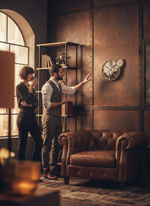 Атмосферный интерьер в стиле лофт с часами WOODandROOT Automaton 1789 Gloster — необычный декор ручной работы из дерева