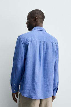 ZARA РУБАШКА ИЗ 100% ЛЬНА, ЛИНЯЛЫЙ СИНИЙ