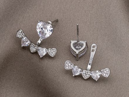 Серьги-джекеты "Сердечки" 15мм, со стразами