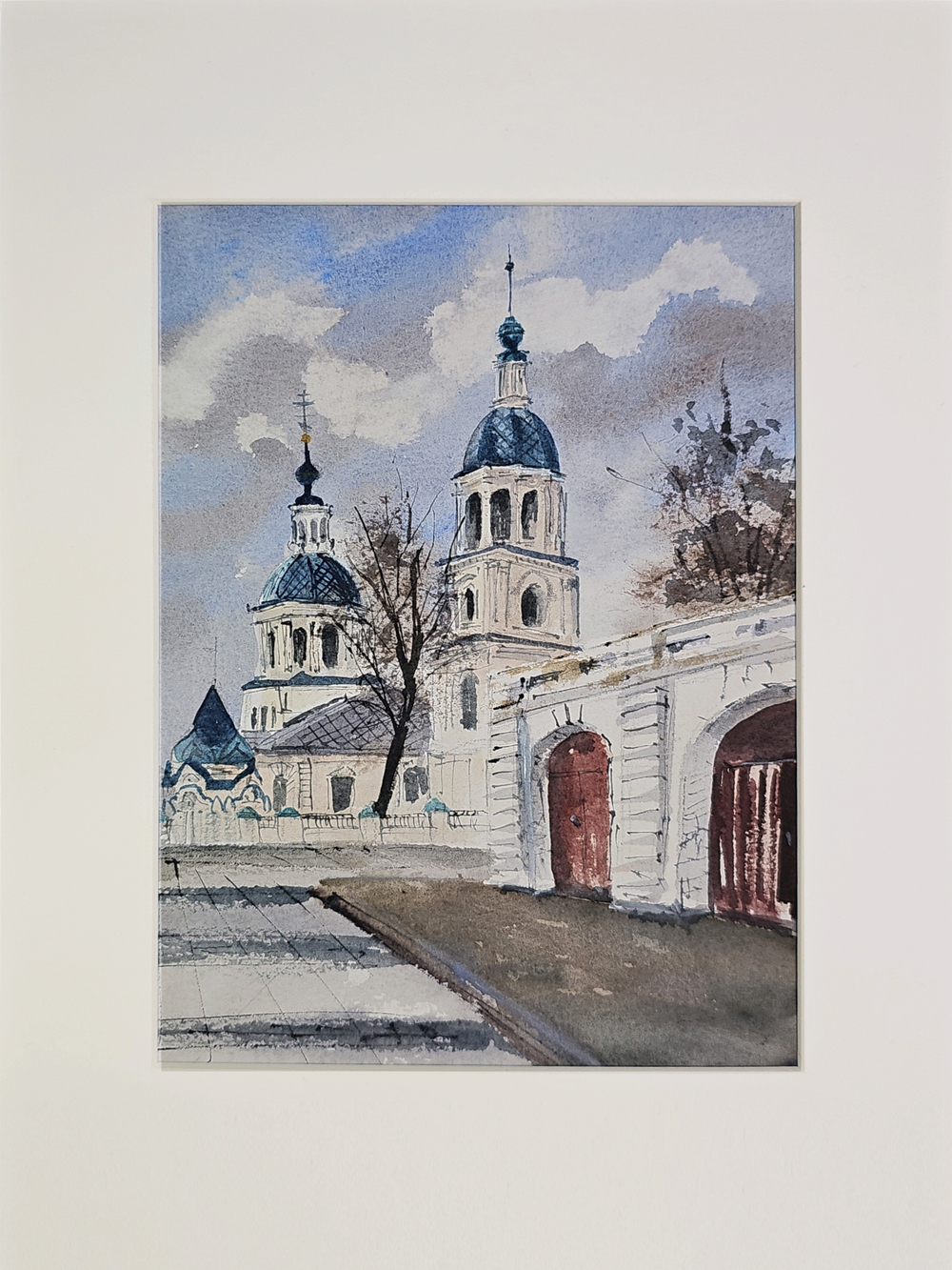 Картина авторская акварельная в паспарту 21х30 см на стену для интерьера "Зарайск. Храм Святой Троицы"