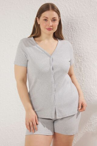 Серый меланжевый вязаный камзол с v-образным вырезом и пуговицами, пижамный комплект TBBSS25AI00056
