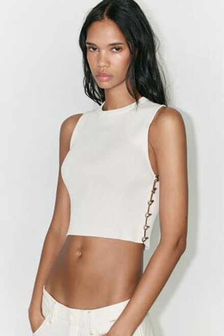 ZARA ТРИКОТАЖНЫЙ ТОП В РУБЧИК, БЕЛЫЙ