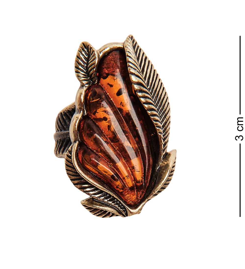 AM-2664 Кольцо «Винтажный лист» (латунь, янтарь)