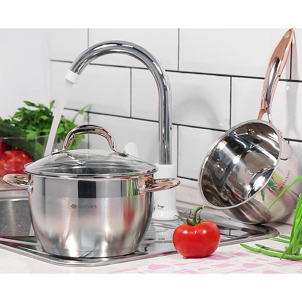 Кастрюля нерж, 1.8 л, с крыш, Daniks, Мадрид Gold, SD-316G, индукц