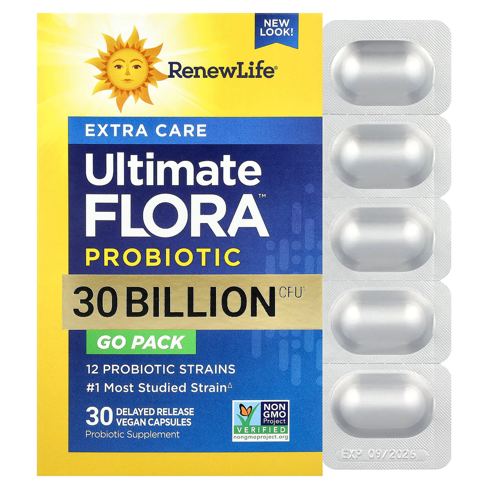 Renew Life, Extra Care, пробиотик Ultimate Flora™, 30 веганских капсул с отсроченным высвобождением