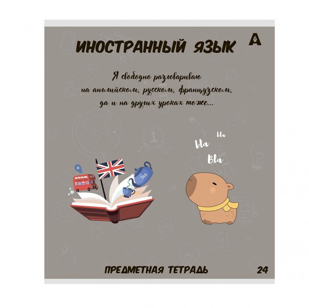 Тетрадь предметная 24л. А5 "Иностраннный язык " со справочным материалом, скрепка, мелованный картон (стандарт), блок офсет, Alingar "Капибара" Тетрадь предметная 24л. А5 "Иностраннный язык " со справочным материалом, скрепка, мелованный картон (стандарт), блок офсет, Alingar "Капибара"