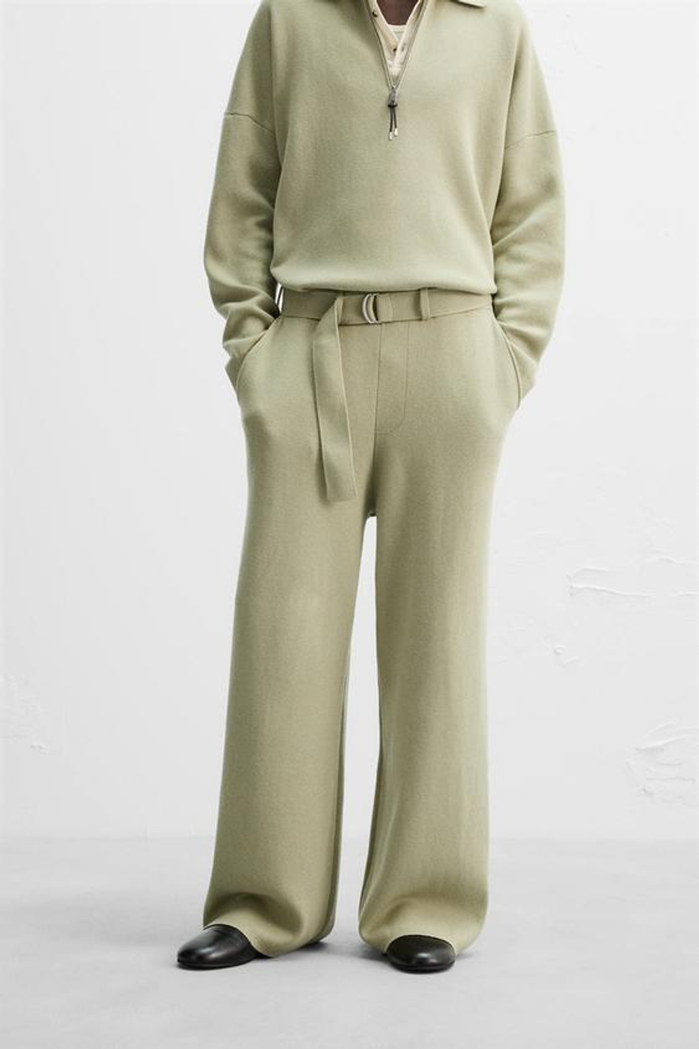 ZARA X NANUSHKA ТРИКОТАЖНЫЕ БРЮКИ С ПОЯСОМ, СВЕТЛО-ЗЕЛЕНЫЙ