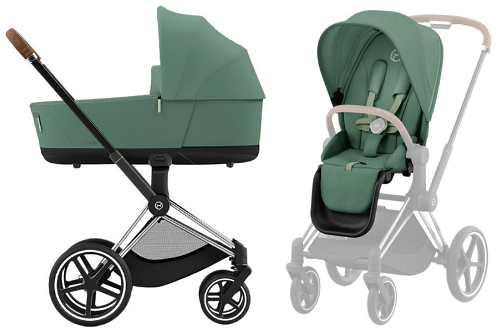 Коляска 3 в 1 Cybex Priam IV Chrome Brown complete и автокресло Aton S2 i-Size Hibiscus Red Leaf Green
