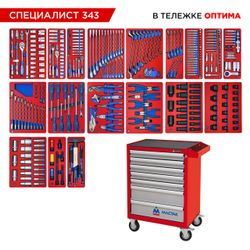 МАСТАК (52-07343R) Набор инструментов 343 предмета, "СПЕЦИАЛИСТ 343", в красной тележке