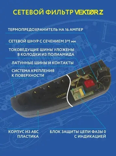 Сетевой фильтр для мощной бытовой техники 16А 3,5кВт Vektor Z черный 1,8м