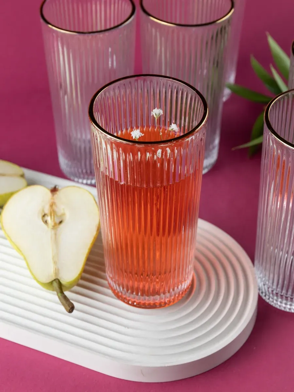 Ребристые бокалы для виски, 330 мл. 6 шт. с золотой каймой