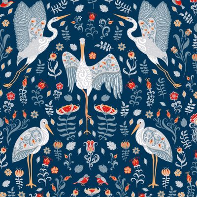 Белые аисты с орнаментами, цветы на синем фоне. (Дизайнер Irina Skaska)