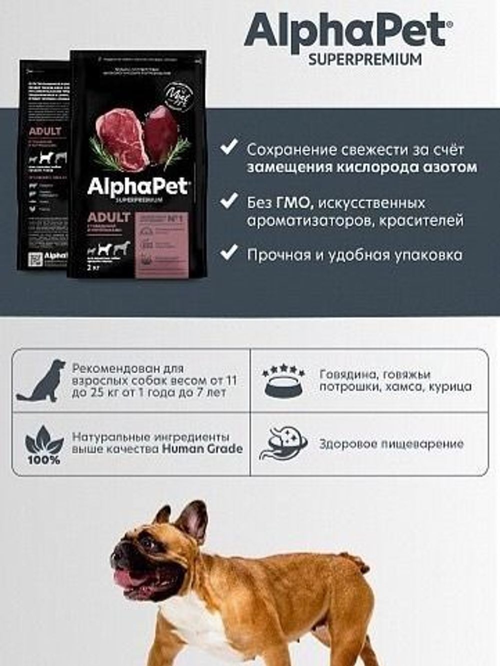 Корм для собак премиум сухой AlphaPet Superpremium для животных средних пород, с говядиной и потрошками, 7 кг