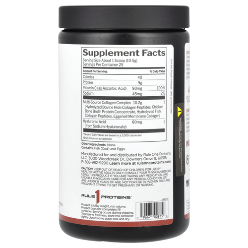 Rule One Proteins, коллаген из разных источников, с витамином C и гиалуроновой кислотой, без вкусовых добавок, 262,5 г (9,26 унции)