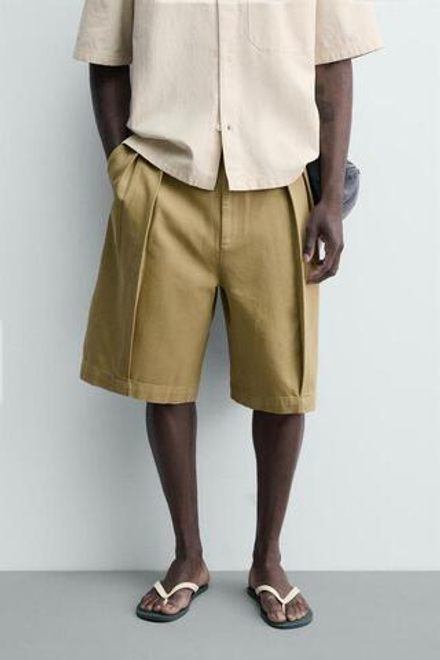 ZARA ШОРТЫ RELAXED FIT СО СКЛАДКАМИ, РЫЖЕВАТО-КОРИЧНЕВЫЙ