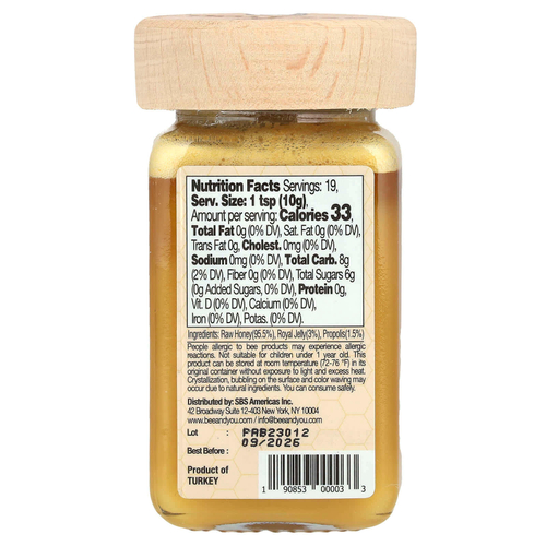 Bee & You, Raw Honey, прополисное маточное молочко, 190 г (6,7 унции)