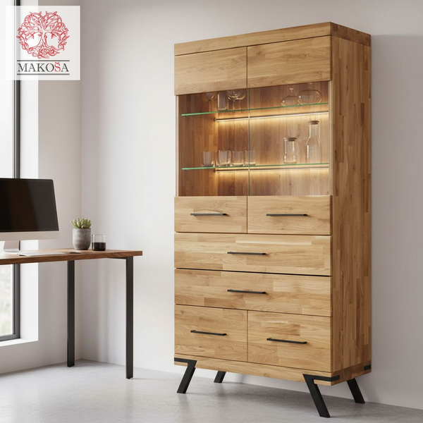Шкаф витрина, 90х42х179, Флеверс, сервант для посуды, стеклянная, буфет, из массива дуба, Makosa