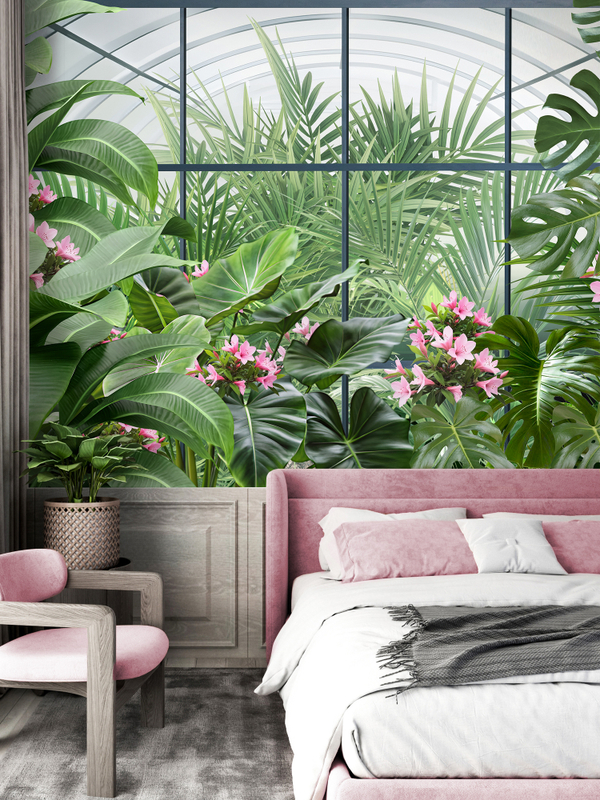 3D Фотообои вид из окна и листья