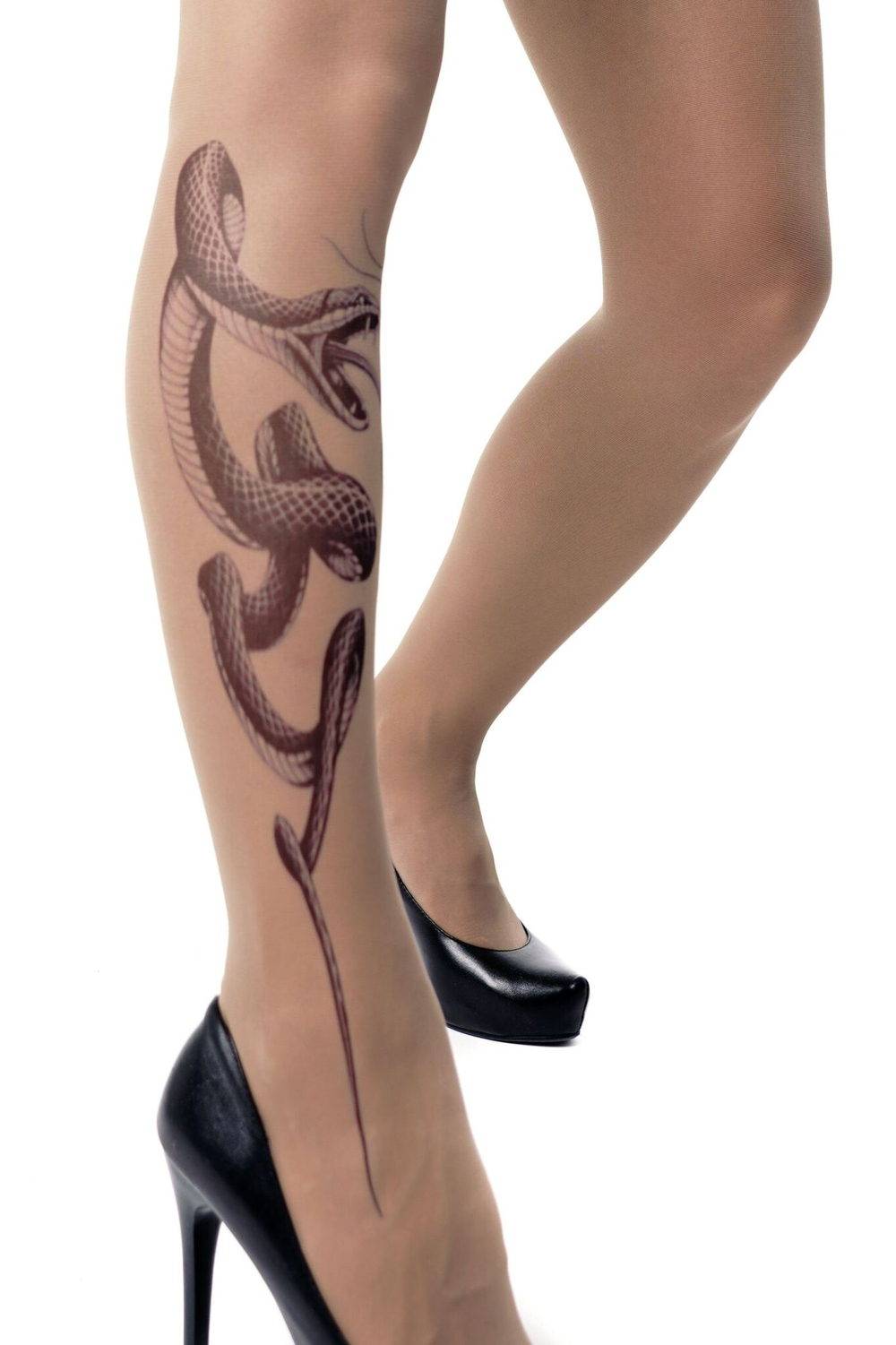 Колготки +size с принтом в виде змеи на правой ножке (Размер: XL-XXL-XXXL) (Цвет: бежевый)
