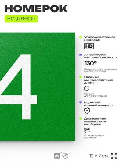 Табличка с номером 84 на дверь квартиры, для офиса, кабинета, аудитории, склада, зеленая 120х70 мм, Айдентика Технолоджи