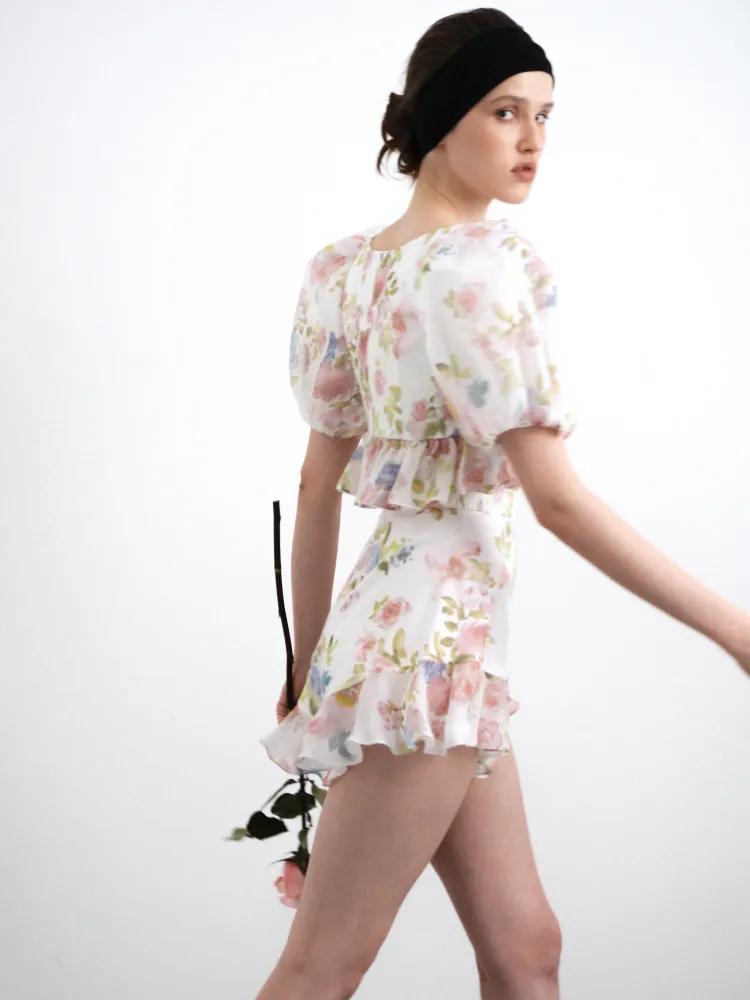 Мелисса (Melissa), кроп топ из молочного шифона с цветочным принтом