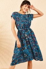 Qadın üçün mavi rəng Qısa Qollu Etnik Naxışlı Elastik Bel Midi Don 10041008