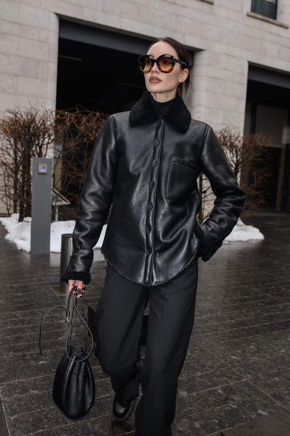 Рубашка - дубленка кожаная черная