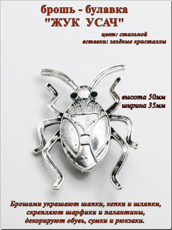 Брошь булавка "Жук усач" стальная.