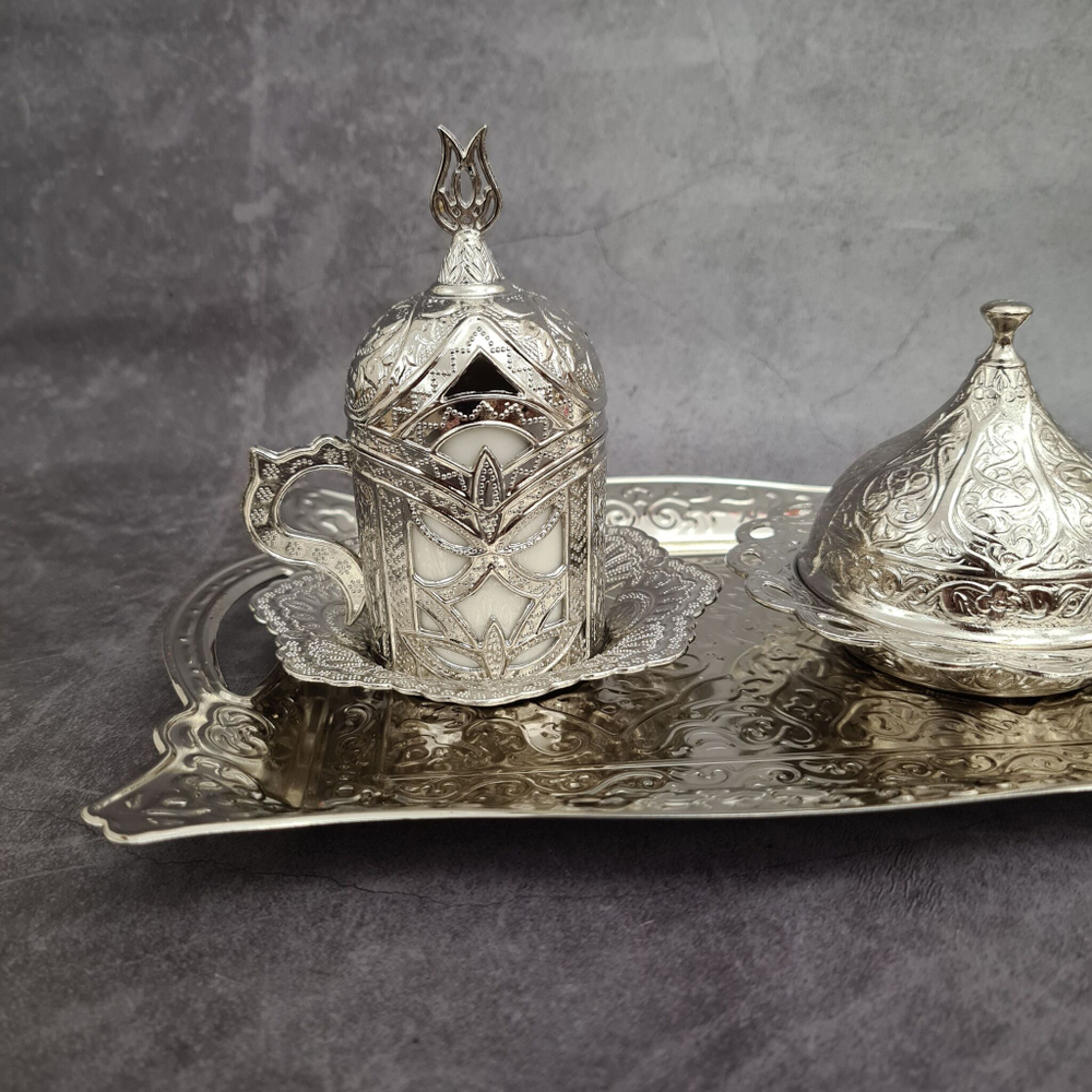 Кофейный набор "Lale" на 2 персоны с лукумницей и подносом/ACAR. Турция (серебристый)