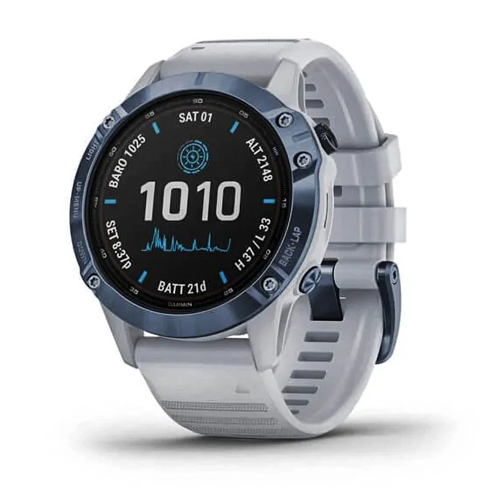 Спортивные наручные часы Garmin Fenix 6 Pro Solar синий минерал с белым ремешком 010-02410-19