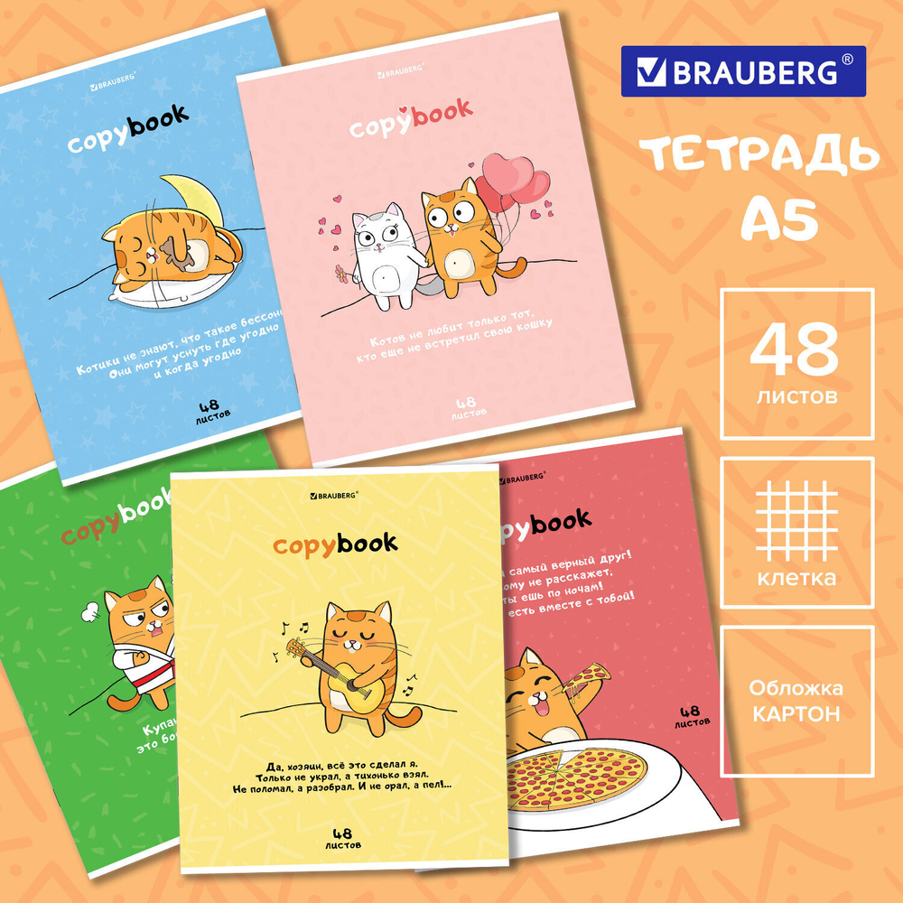Тетрадь А5 48 л. BRAUBERG скоба клетка обложка картон "Кот-Энтузиаст" (микс в спайке) (20 штук в упаковке)