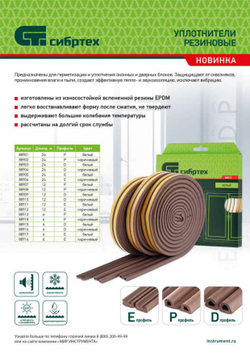 Уплотнитель резиновый, 12 м, профиль "E", коричневый Сибртех