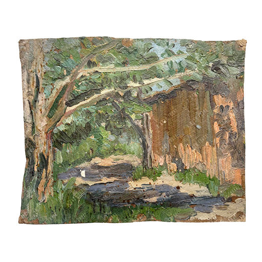 Динес Ю. С. Летний день. Дерево и амбар. Этюд. Картон, масло. 1950 г.